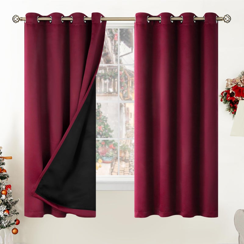 BGment Thermal Insulated 100% Blackout Curtains for Bedroom with Black Liner, Double Layer Full Room Darkening Noise Reducing Grommet Curtain (52 x 63 Inch, Burgundy Red, 2 Panels) - Image 1